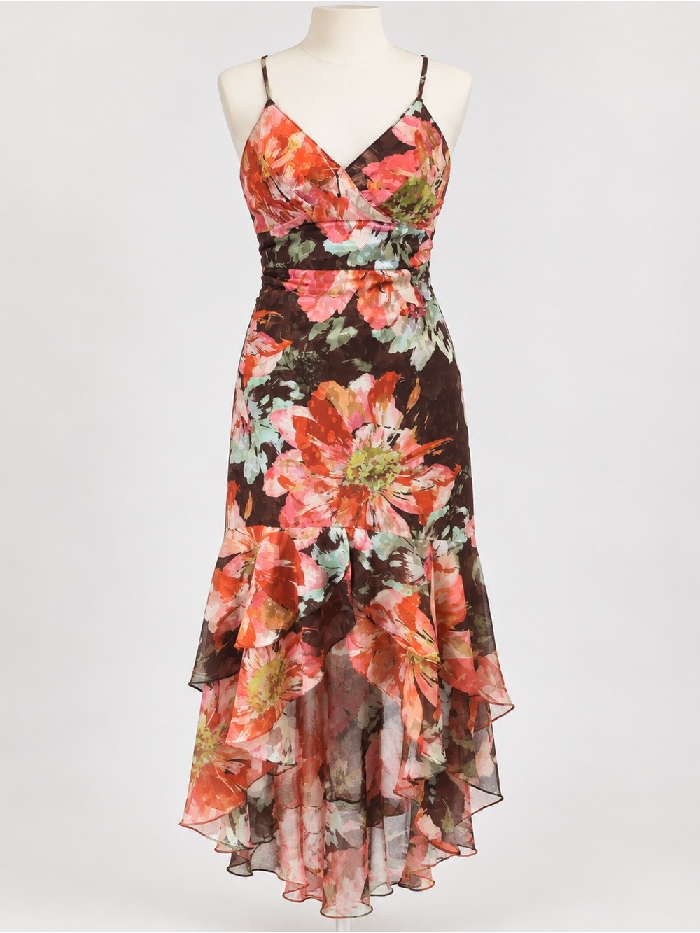 Hutch Royce Floral Chiffon High Low Midi Dress Brown Pink Size 2 NWT